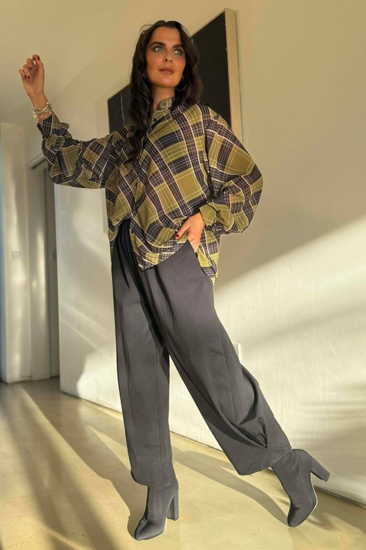 Ainsley Plaid Chiffon Blouse Olive